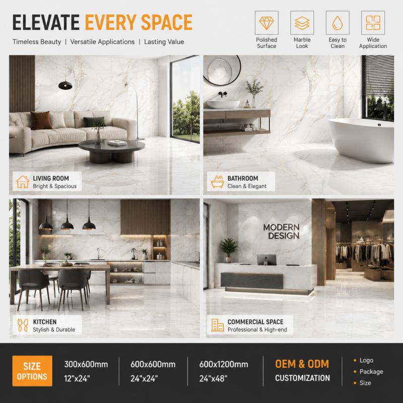 Large Format White Polished Ceramic Tile