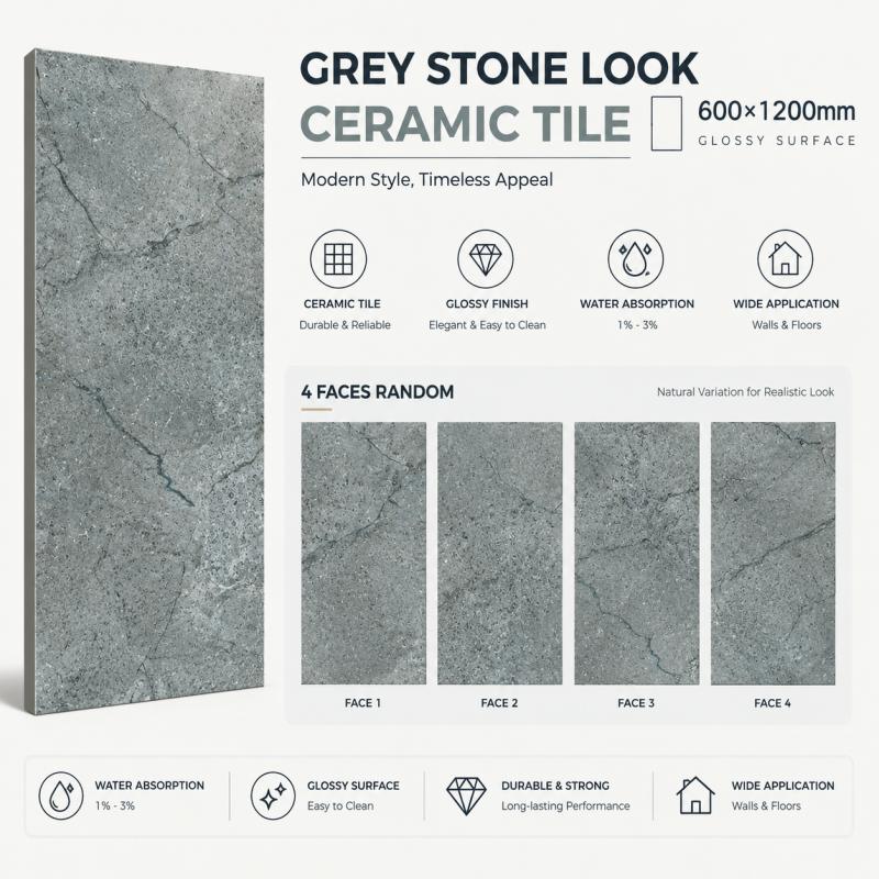Grey Stone Effect Residential Flooring Tile